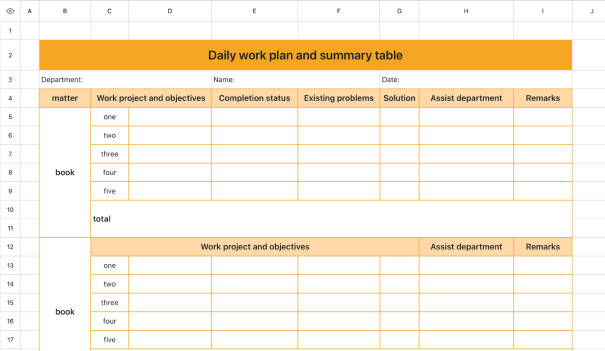 Daily work plan and summary sheet 1